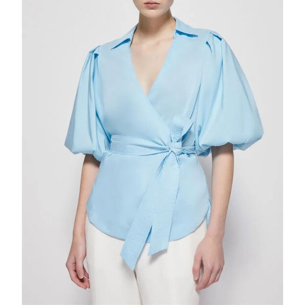 NWOT JONATHAN SIMKHAI Waverly Cotton Poplin Wrap Blouse Blue size medium